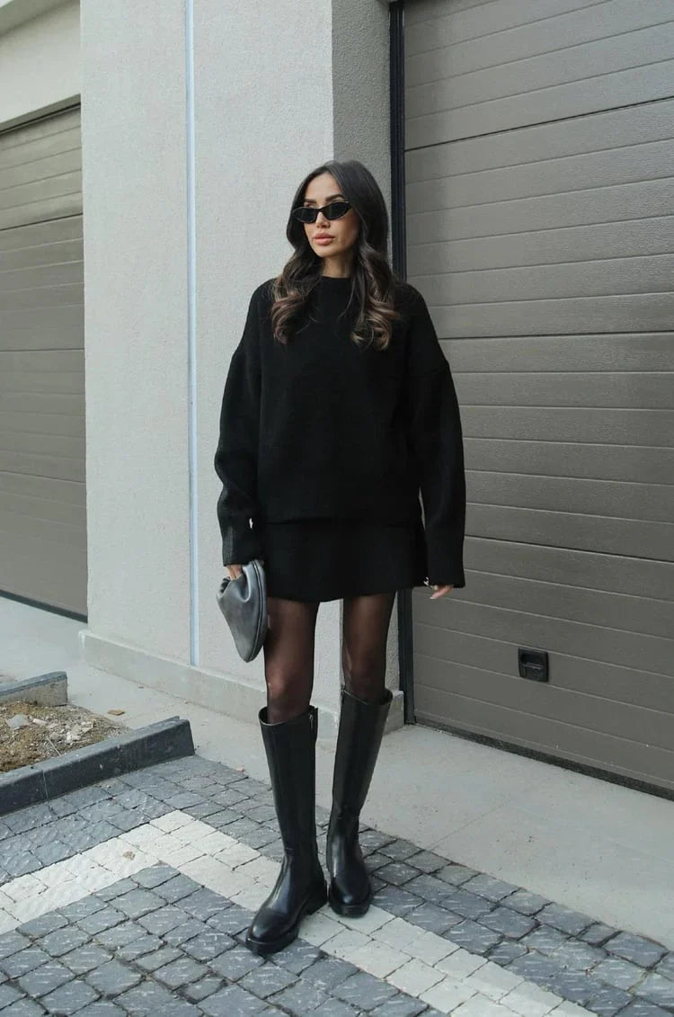 Soft Flattering Women’s Sweater Skirt Set - Pullover Crewneck, Knit High-Waist A-Line Mini Skirt For Fall
