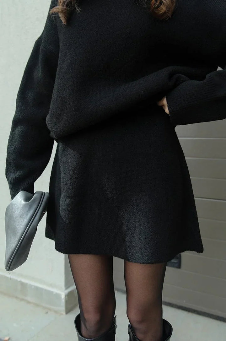 Soft Flattering Women’s Sweater Skirt Set - Pullover Crewneck, Knit High-Waist A-Line Mini Skirt For Fall
