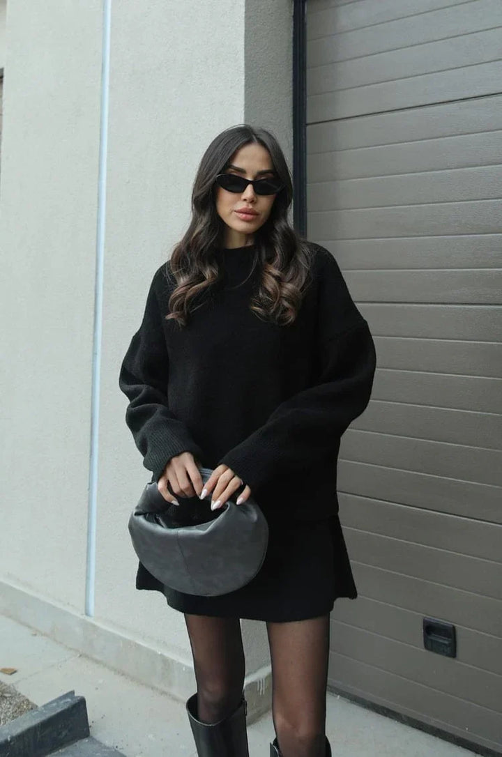 Soft Flattering Women’s Sweater Skirt Set - Pullover Crewneck, Knit High-Waist A-Line Mini Skirt For Fall