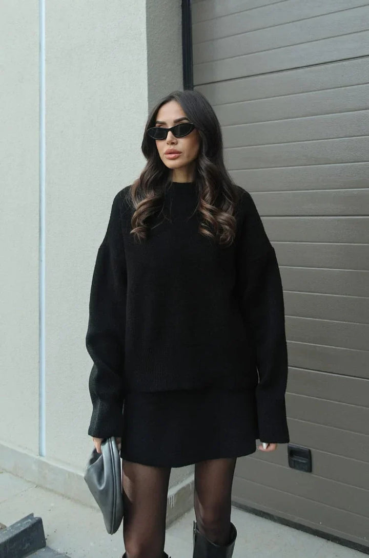 Soft Flattering Women’s Sweater Skirt Set - Pullover Crewneck, Knit High-Waist A-Line Mini Skirt For Fall
