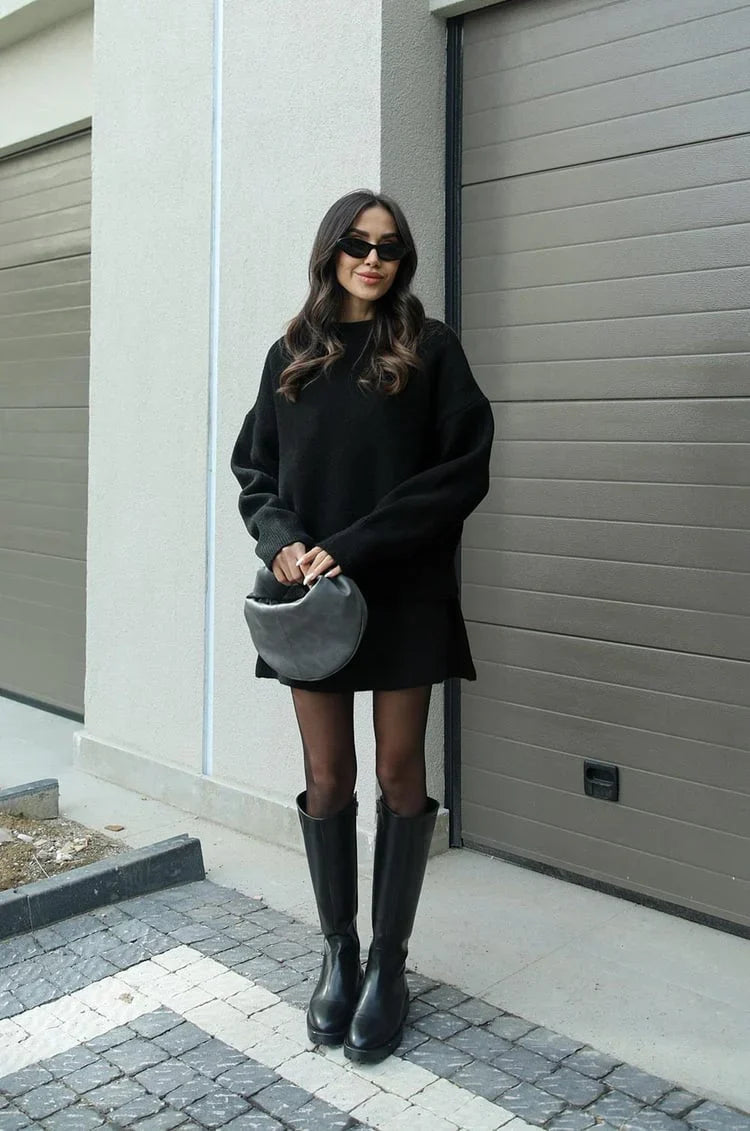 Soft Flattering Women’s Sweater Skirt Set - Pullover Crewneck, Knit High-Waist A-Line Mini Skirt For Fall