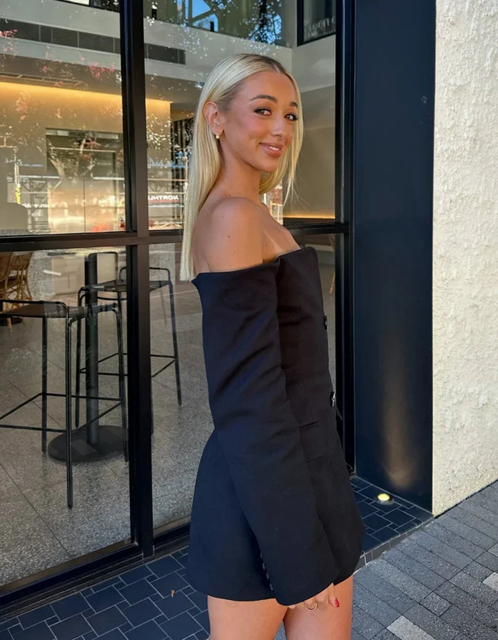 Tailored Off-Shoulder Blazer with Built-In Corset in Italian Suiting Fabric, Long Sleeve Elegant Fit
