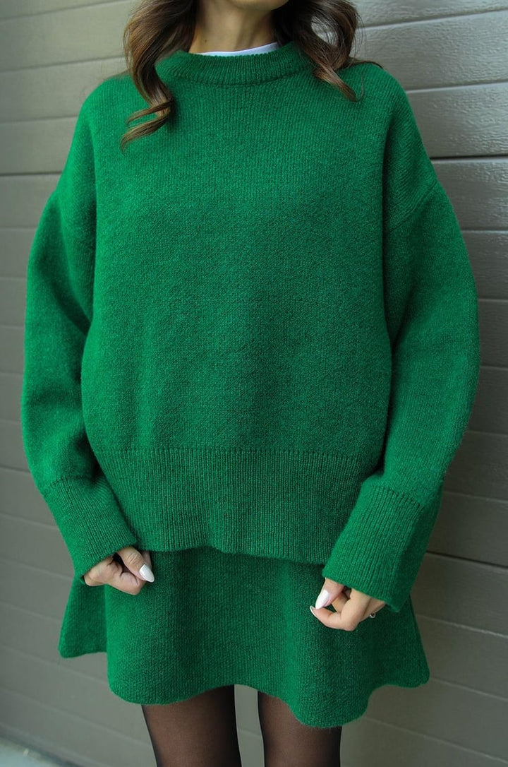 Soft Flattering Women’s Sweater Skirt Set - Pullover Crewneck, Knit High-Waist A-Line Mini Skirt For Fall
