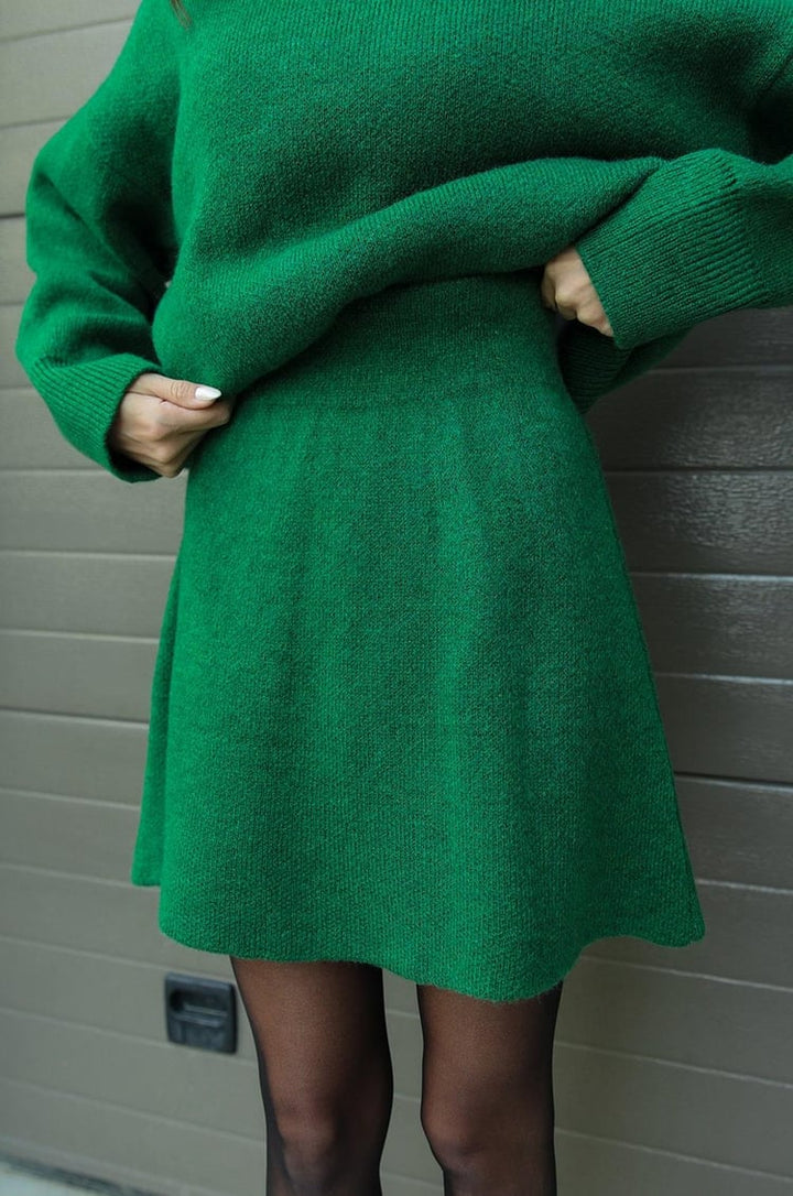 Soft Flattering Women’s Sweater Skirt Set - Pullover Crewneck, Knit High-Waist A-Line Mini Skirt For Fall