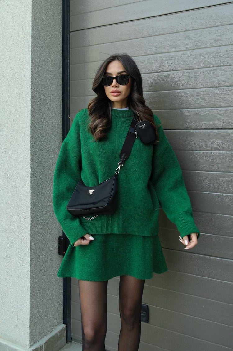 Soft Flattering Women’s Sweater Skirt Set - Pullover Crewneck, Knit High-Waist A-Line Mini Skirt For Fall